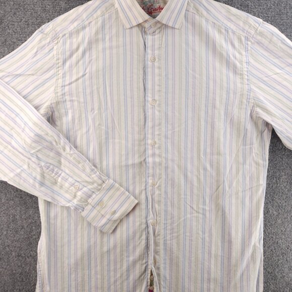 Robert Graham Blue Yellow Pastel Striped Medium Long Sleeve Button Up Embroidery - Picture 3 of 16